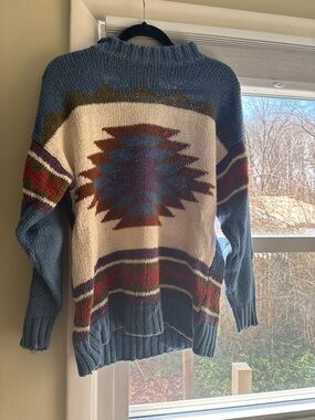 Southwestern Pattern Knit Sweater in Blue, Cream & Rust
